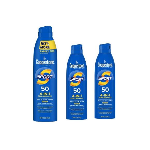 3 Pack Coppertone Sport Sunscreen Spray SPF 50 4-IN-1 Family Size 8.3 & 5.5 oz - Picture 1 of 1